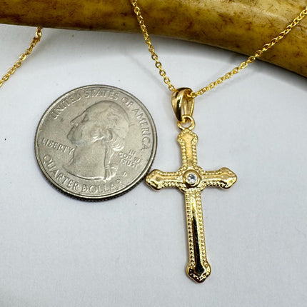 Vintage 9k Gold Filled Cross Necklace on Etched Gold Filled Chain - Small Crucifix Pendant for Layering and Stacking