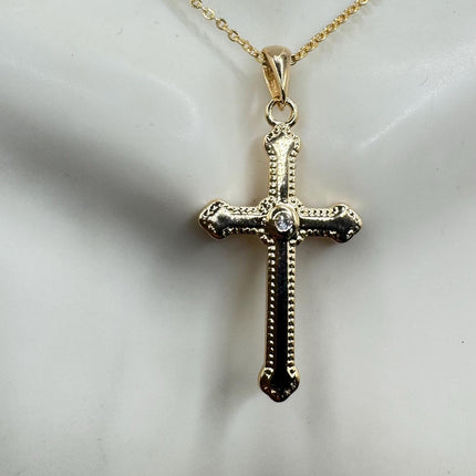 Vintage 9k Gold Filled Cross Necklace on Etched Gold Filled Chain - Small Crucifix Pendant for Layering and Stacking