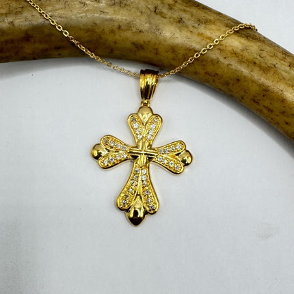 Vintage 9k Gold Filled Cross Necklace on Etched Gold Filled Chain - Small Crucifix Pendant for Layering and Stacking