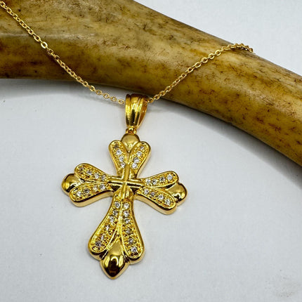 Vintage 9k Gold Filled Cross Necklace on Etched Gold Filled Chain - Small Crucifix Pendant for Layering and Stacking