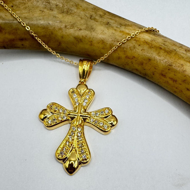 Vintage 9k Gold Filled Cross Necklace on Etched Gold Filled Chain - Small Crucifix Pendant for Layering and Stacking
