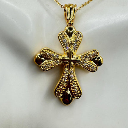 Vintage 9k Gold Filled Cross Necklace on Etched Gold Filled Chain - Small Crucifix Pendant for Layering and Stacking