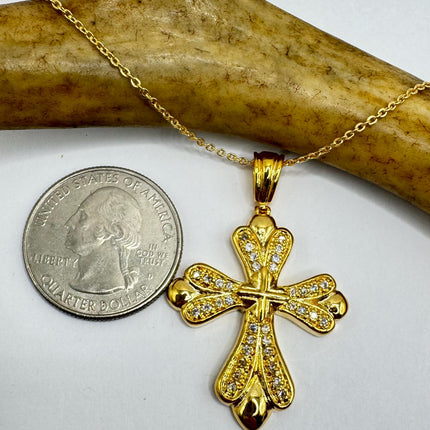 Vintage 9k Gold Filled Cross Necklace on Etched Gold Filled Chain - Small Crucifix Pendant for Layering and Stacking
