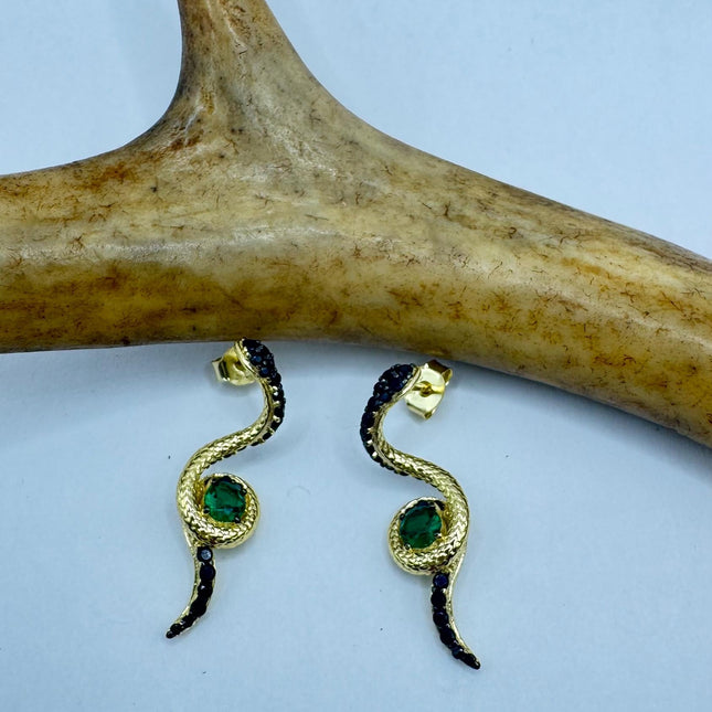 Vintage Gold 925 Silver Deco Snake Serpent Stud Earrings Minimalist Everyday Jewelry