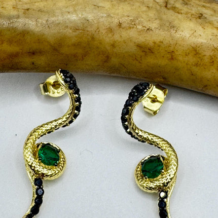 Vintage Gold 925 Silver Deco Snake Serpent Stud Earrings Minimalist Everyday Jewelry