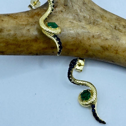 Vintage Gold 925 Silver Deco Snake Serpent Stud Earrings Minimalist Everyday Jewelry
