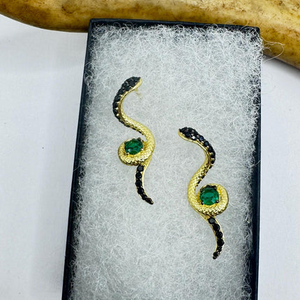 Vintage Gold 925 Silver Deco Snake Serpent Stud Earrings Minimalist Everyday Jewelry