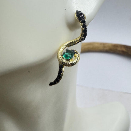 Vintage Gold 925 Silver Deco Snake Serpent Stud Earrings Minimalist Everyday Jewelry