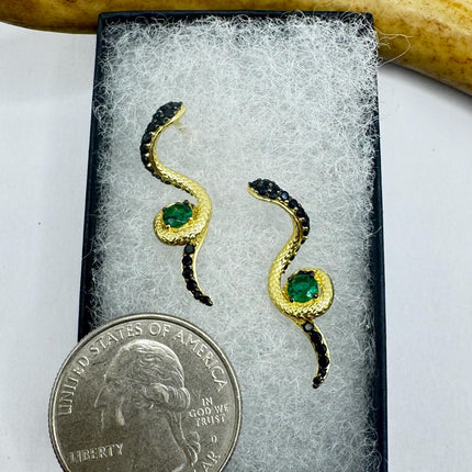 Vintage Gold 925 Silver Deco Snake Serpent Stud Earrings Minimalist Everyday Jewelry