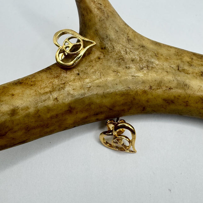 Vintage Gold Heart Peace Sign Earrings - Simple Everyday Design Gold Fill 9K Minimalist - Minimal Classic Timeless Jewelry