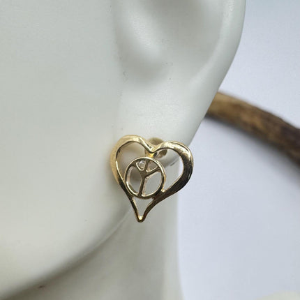Vintage Gold Heart Peace Sign Earrings - Simple Everyday Design Gold Fill 9K Minimalist - Minimal Classic Timeless Jewelry
