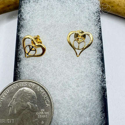 Vintage Gold Heart Peace Sign Earrings - Simple Everyday Design Gold Fill 9K Minimalist - Minimal Classic Timeless Jewelry