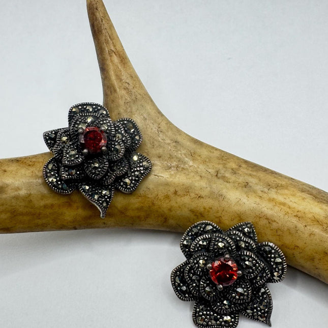 Vintage Silver Earrings – Red Garnet Marcasite Rose Studs | Hand Restored Jewelry-Earrings-TomWayne Jewelers