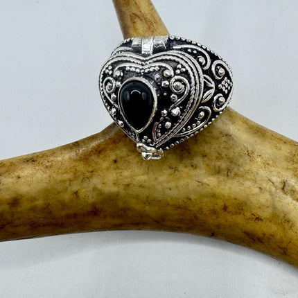 Vintage Heart Silver Bronze Poison Ring | Retro Black Onyx Unique Gift Statement Ring