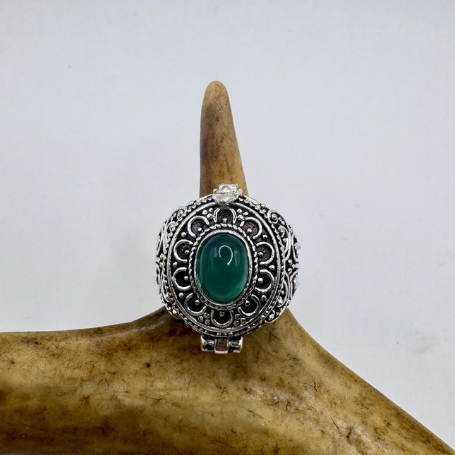 Vintage Silver Bronze Poison Ring | Retro Green Chrysoprase Unique Gift Statement Ring