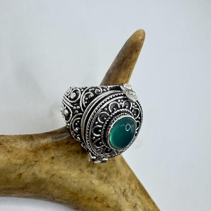 Vintage Silver Bronze Poison Ring | Retro Green Chrysoprase Unique Gift Statement Ring