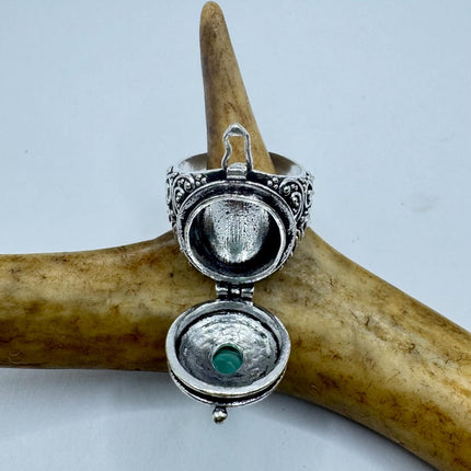 Vintage Silver Bronze Poison Ring | Retro Green Chrysoprase Unique Gift Statement Ring