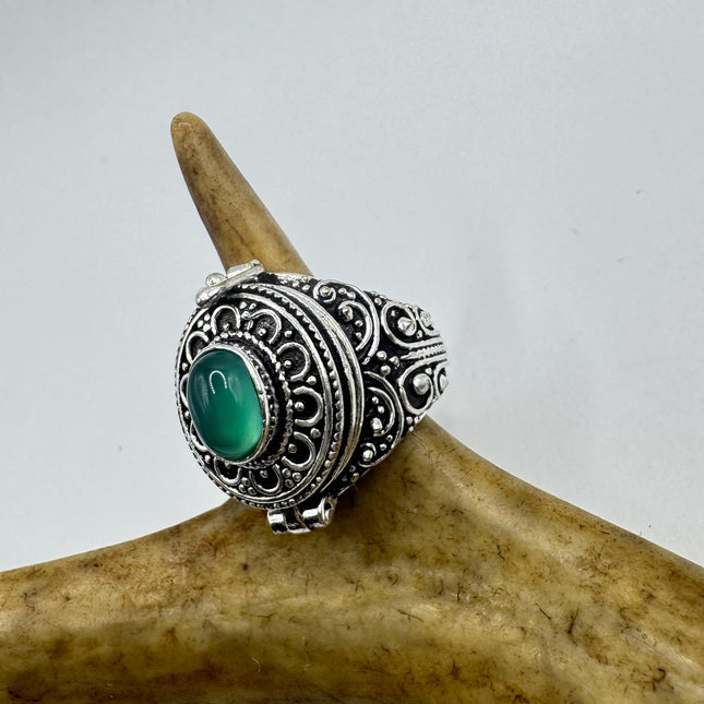 Vintage Silver Bronze Poison Ring | Retro Green Chrysoprase Unique Gift Statement Ring