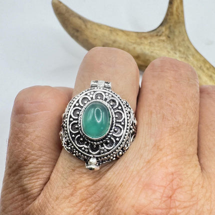 Vintage Silver Bronze Poison Ring | Retro Green Chrysoprase Unique Gift Statement Ring