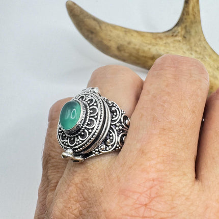 Vintage Silver Bronze Poison Ring | Retro Green Chrysoprase Unique Gift Statement Ring
