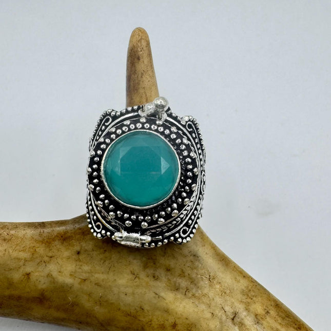Vintage Silver Bronze Poison Ring | Retro Green Chalsedony Unique Gift Statement Ring