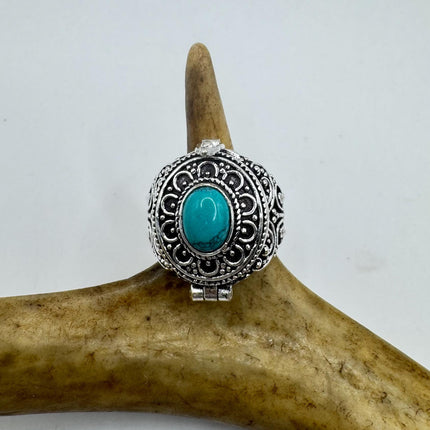 Vintage Silver Bronze Poison Ring | Turquoise Unique Gift Statement Ring