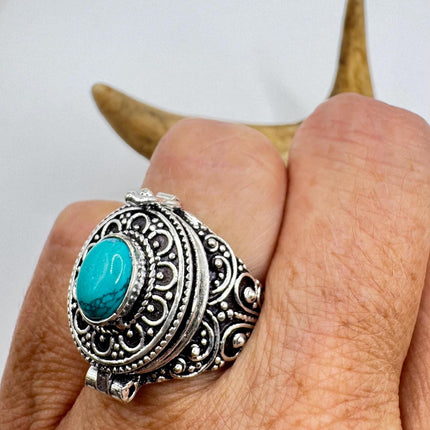 Vintage Silver Bronze Poison Ring | Turquoise Unique Gift Statement Ring