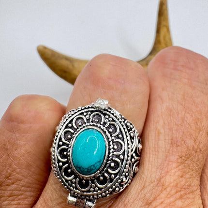 Vintage Silver Bronze Poison Ring | Turquoise Unique Gift Statement Ring