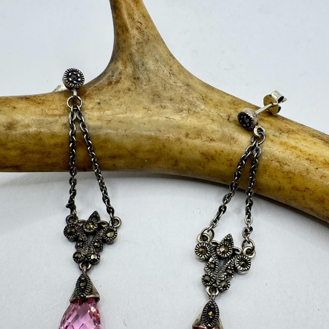 Vintage Pink Ice Rose Crystal Chandelier Drop Gemstone 925 Sterling Silver Chandelier Earrings