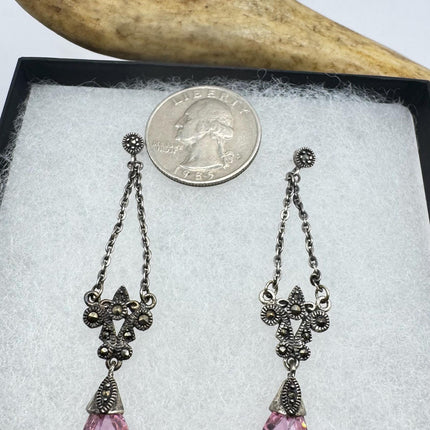 Vintage Pink Ice Rose Crystal Chandelier Drop Gemstone 925 Sterling Silver Chandelier Earrings