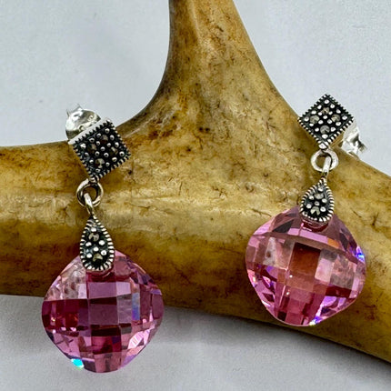 Vintage Pink Ice Rose Crystal Chandelier Drop Gemstone 925 Sterling Silver Chandelier Earrings
