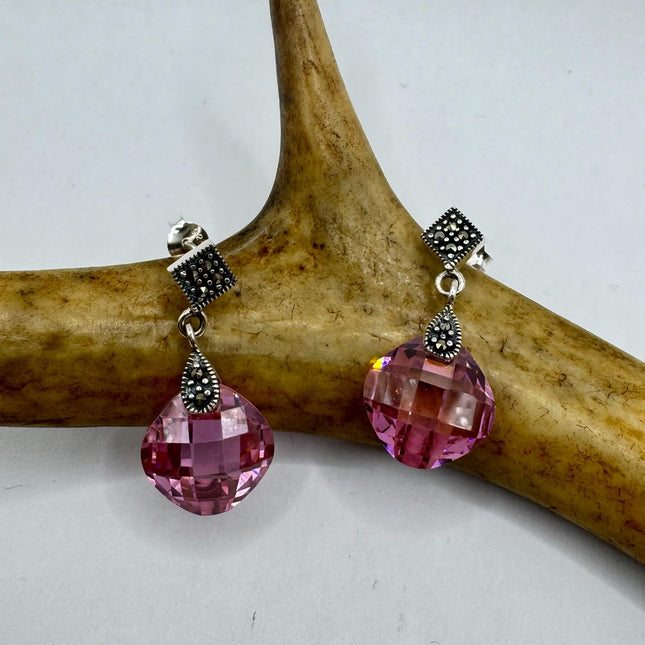 Vintage Pink Ice Rose Crystal Chandelier Drop Gemstone 925 Sterling Silver Chandelier Earrings