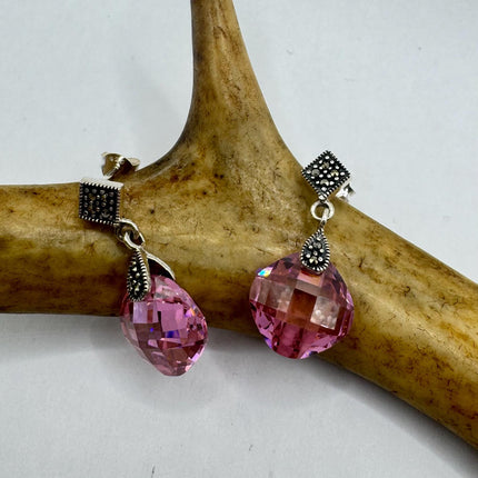Vintage Pink Ice Rose Crystal Chandelier Drop Gemstone 925 Sterling Silver Chandelier Earrings