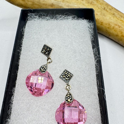 Vintage Pink Ice Rose Crystal Chandelier Drop Gemstone 925 Sterling Silver Chandelier Earrings