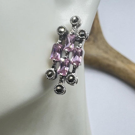Vintage Pink Ice Rose Crystal Chandelier Drop Gemstone 925 Sterling Silver Chandelier Earrings