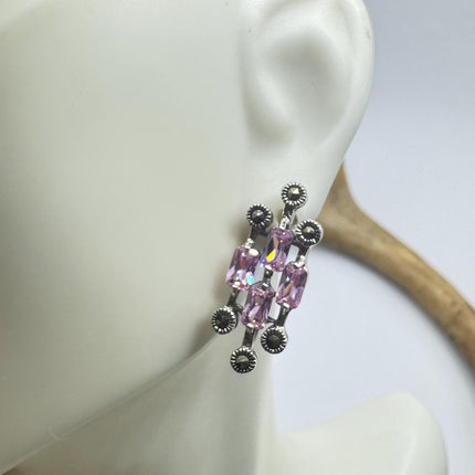 Vintage Pink Ice Rose Crystal Chandelier Drop Gemstone 925 Sterling Silver Chandelier Earrings