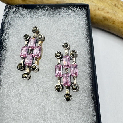 Vintage Pink Ice Rose Crystal Chandelier Drop Gemstone 925 Sterling Silver Chandelier Earrings