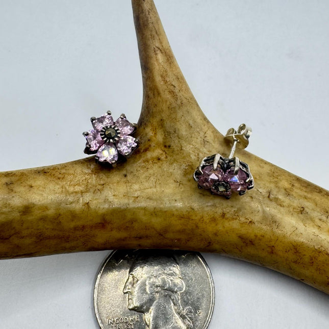 Vintage Pink Ice Rose Crystal Chandelier Drop Gemstone 925 Sterling Silver Stud Post Earrings