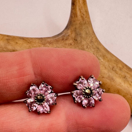 Vintage Pink Ice Rose Crystal Chandelier Drop Gemstone 925 Sterling Silver Stud Post Earrings