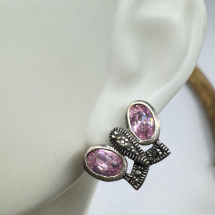 Vintage Pink Ice Rose Crystal Chandelier Drop Gemstone 925 Sterling Silver Stud Post Earrings