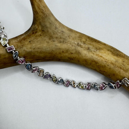 Vintage Silver Tennis Bracelet | Crystal mixed gemstone Cubic Zirconia | 925 Sterling Silver