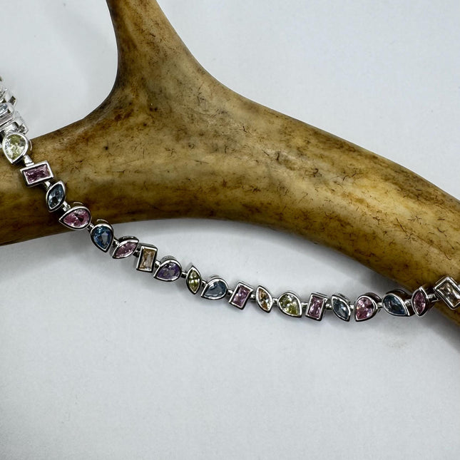 Vintage Silver Tennis Bracelet | Crystal mixed gemstone Cubic Zirconia | 925 Sterling Silver