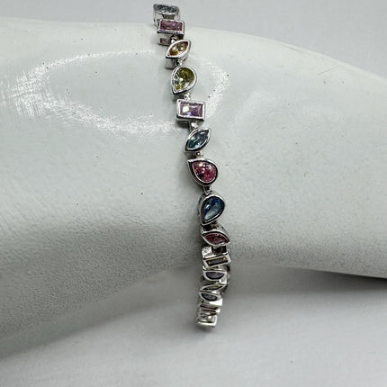 Vintage Silver Tennis Bracelet | Crystal mixed gemstone Cubic Zirconia | 925 Sterling Silver