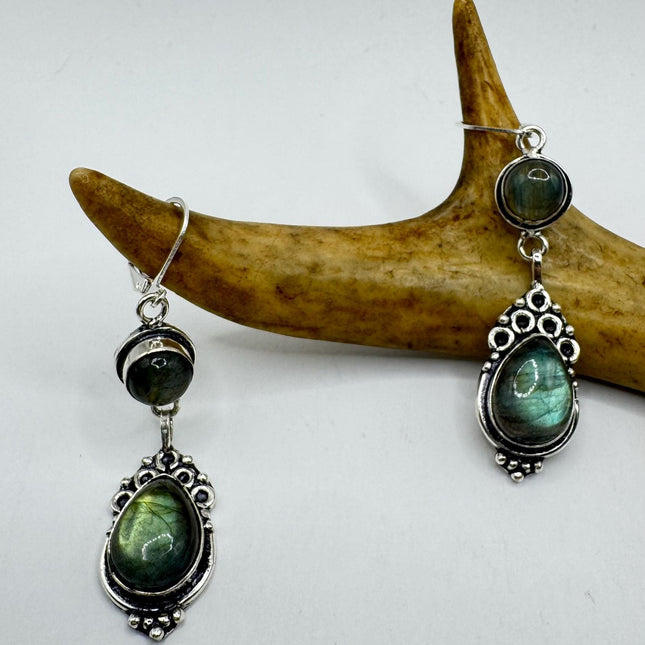 Vintage Labradorite Dangle Earrings Sterling Silver Design Statement Leverbacks