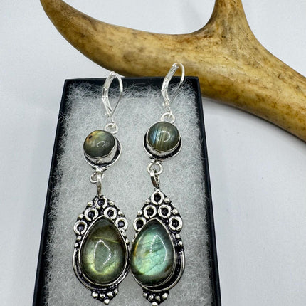 Vintage Labradorite Dangle Earrings Sterling Silver Design Statement Leverbacks