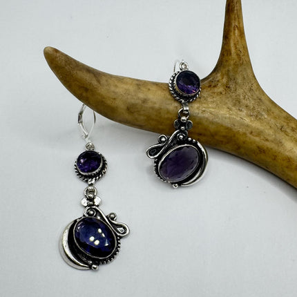Vintage Purple Amethyst Dangle Earrings Sterling Silver Design Statement Leverbacks