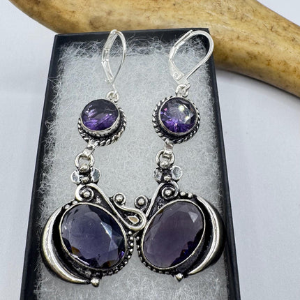 Vintage Purple Amethyst Dangle Earrings Sterling Silver Design Statement Leverbacks