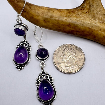 Vintage Purple Amethyst Dangle Earrings Sterling Silver Design Statement Leverbacks