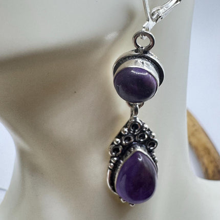 Vintage Purple Amethyst Dangle Earrings Sterling Silver Design Statement Leverbacks