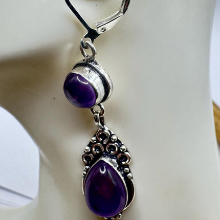 Vintage Purple Amethyst Dangle Earrings Sterling Silver Design Statement Leverbacks